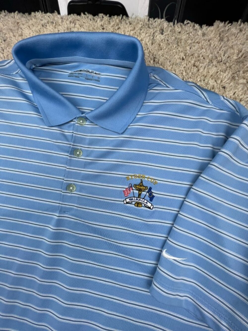 Nike Golf Dri Fit Short Sleeve Polo Shirt Large Blue Striped RYDER CUP VALHALLA